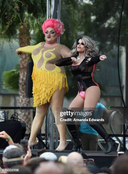 Drag queens Eureka! and Morgan McMichaels attend the LA Pride ResistMarch on June 11, 2017 in West Hollywood, California.