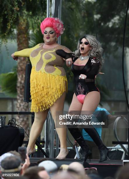 Drag queens Eureka! and Morgan McMichaels attend the LA Pride ResistMarch on June 11, 2017 in West Hollywood, California.