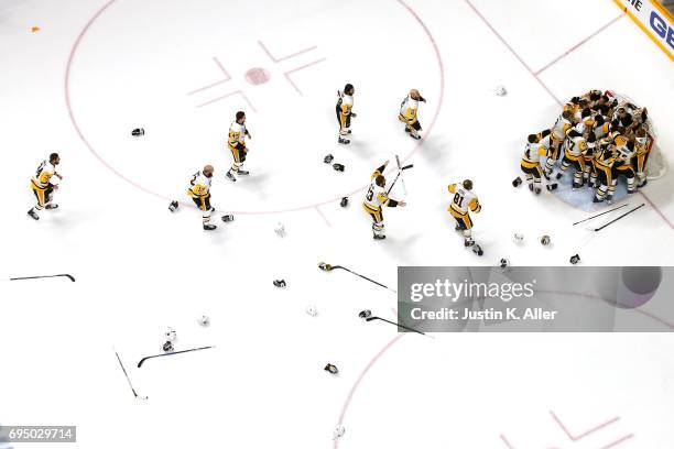 Matt Murray of the Pittsburgh Penguins celebrates with teammates after they defeated the Nashville Predators 2-0 to win the 2017 NHL Stanley Cup...