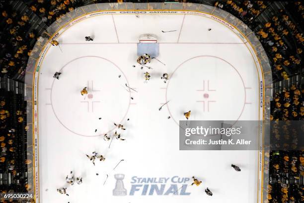 Matt Murray of the Pittsburgh Penguins celebrates with teammates after they defeated the Nashville Predators 2-0 to win the 2017 NHL Stanley Cup...