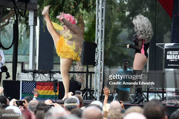 Drag queens Eureka! and Morgan McMichaels attend the LA Pride ResistMarch on June 11, 2017 in West Hollywood, California.
