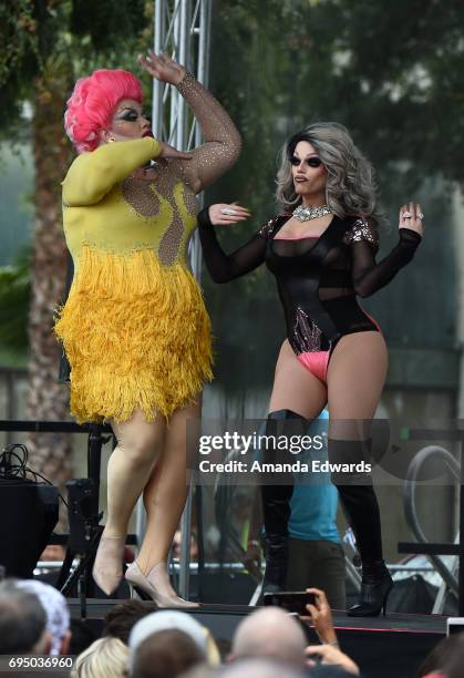 Drag queens Eureka! and Morgan McMichaels attend the LA Pride ResistMarch on June 11, 2017 in West Hollywood, California.