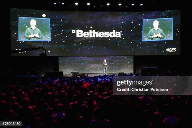 Vice president of Bethesda Softworks, Pete Hines speaks during the Bethesda E3 conference at the LA Center Studios on June 11, 2017 in Los Angeles,...