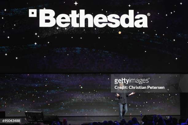 Vice president of Bethesda Softworks, Pete Hines speaks during the Bethesda E3 conference at the LA Center Studios on June 11, 2017 in Los Angeles,...