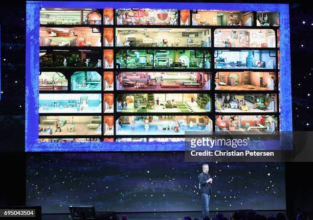 Vice president of Bethesda Softworks, Pete Hines speaks about 'Fallout Shelter' during the Bethesda E3 conference at the LA Center Studios on June...