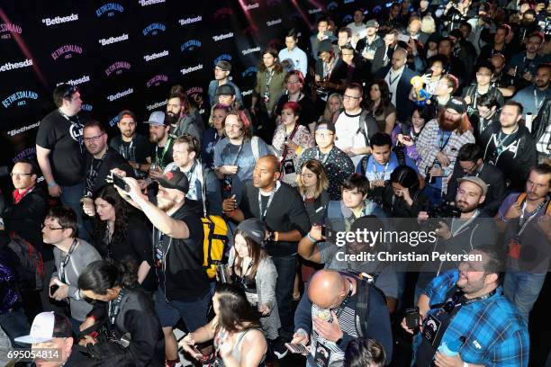 Game enthusiasts and industry personnel arrive to the Bethesda E3 conference at the LA Center Studios on June 11, 2017 in Los Angeles, California....