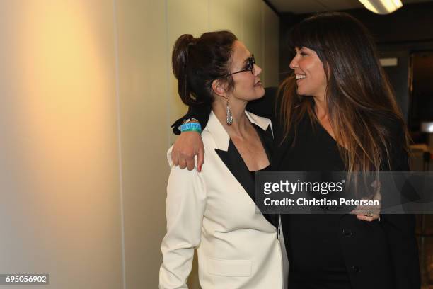 Actress Lynda Carter and 'Wonder Woman' director Patty Jenkins pose together as they attend the Bethesda E3 conference at the LA Center Studios on...