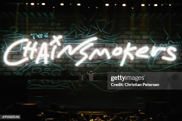 Musicians Alex Pall and Andrew Taggart of The Chainsmokers perform during the Bethesda E3 conference at the LA Center Studios on June 11, 2017 in Los...