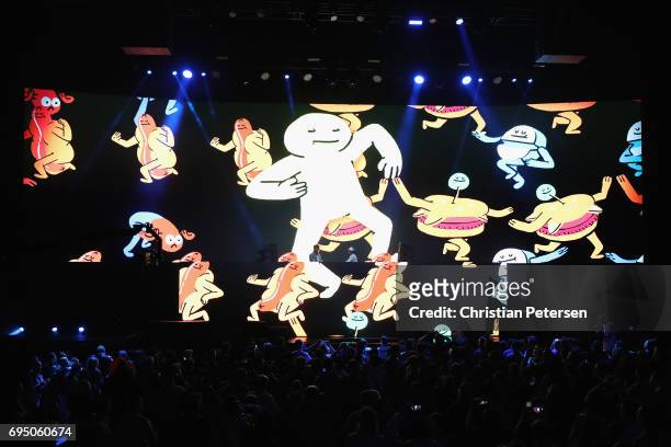 Musicians Alex Pall and Andrew Taggart of The Chainsmokers perform during the Bethesda E3 conference at the LA Center Studios on June 11, 2017 in Los...