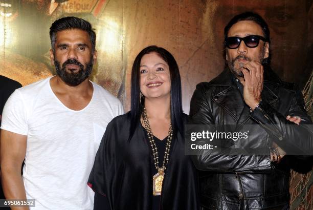 Indian Bollywood actors Suniel Shetty , Pooja Bhatt and Jackie Shroff pose for a photograph at the 20th anniversary celebration of Hindi film Border,...