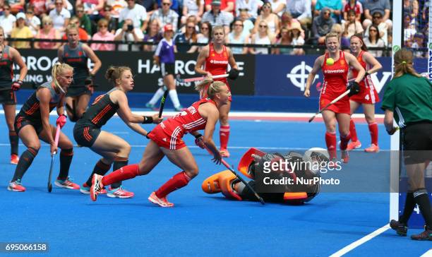Laura Nunnink of Netherlands scores 1st goal during the Investec International match between England Women and Netherlands Women at The Lee Valley...