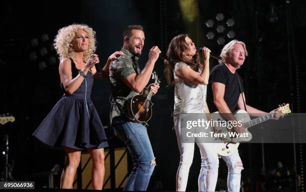 Kimberly Schlapman,Jimi Westbrook, Karen Fairchild and Philip Sweet of Little Big Town perform during day 4 of the 2017 CMA Music Festival on June...