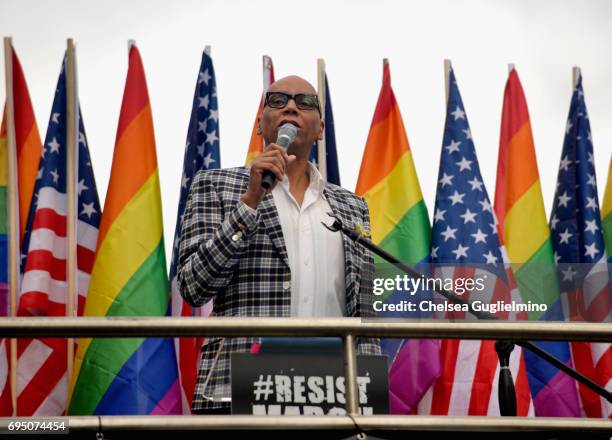 RuPaul speaks at the LA Pride ResistMarch on June 11, 2017 in West Hollywood, California.