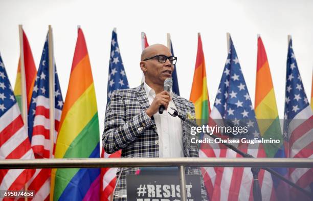 RuPaul speaks at the LA Pride ResistMarch on June 11, 2017 in West Hollywood, California.