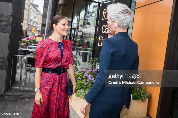 Princess Victoria of Sweden is greeted by Dr. Gunhild Stordalen after arriving at the EAT Stockholm Food Forum at the Clarion Hotel Sign on June 12,...