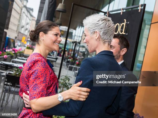 Princess Victoria of Sweden is greeted by Dr. Gunhild Stordalen after arriving at the EAT Stockholm Food Forum at the Clarion Hotel Sign on June 12,...