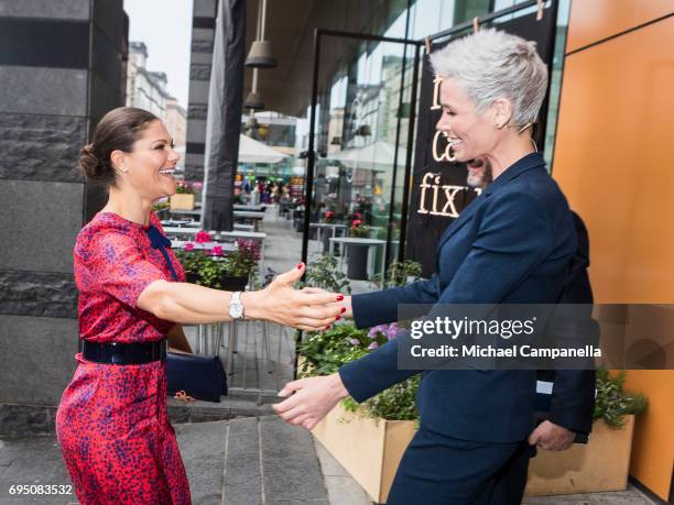 Princess Victoria of Sweden is greeted by Dr. Gunhild Stordalen after arriving at the EAT Stockholm Food Forum at the Clarion Hotel Sign on June 12,...