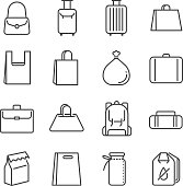 Bag line icon set. Included the icons as plastic bag, suitcase, baggage, luggage and more.