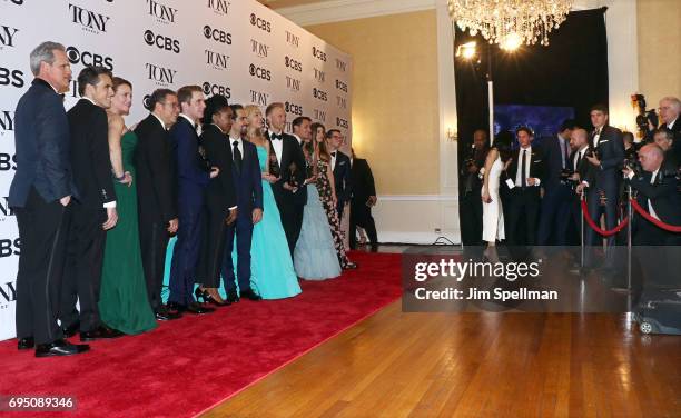 The cast and crew of 'Dear Evan Hanson', winner of the award for Best Musical for ?Dear Evan Hanson,? pose in the press room during the 2017 Tony...