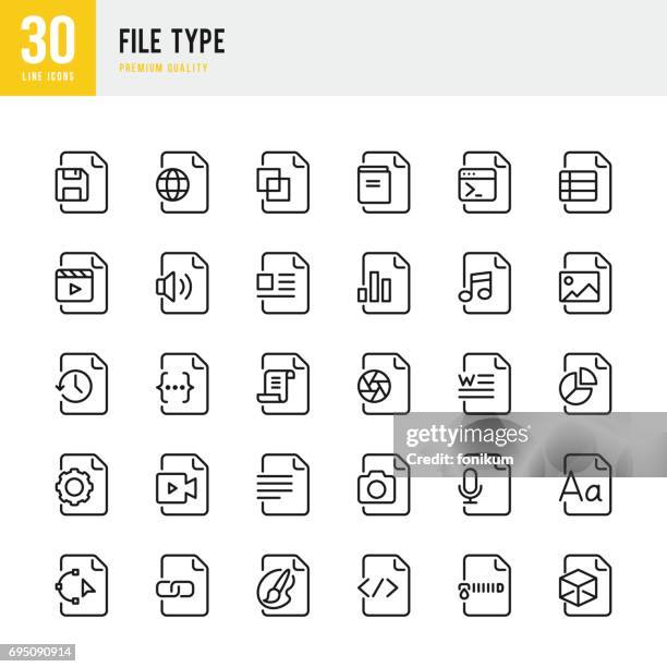 illustrations, cliparts, dessins animés et icônes de type de fichier - ensemble d’icônes vectorielles fine ligne - taper à la machine