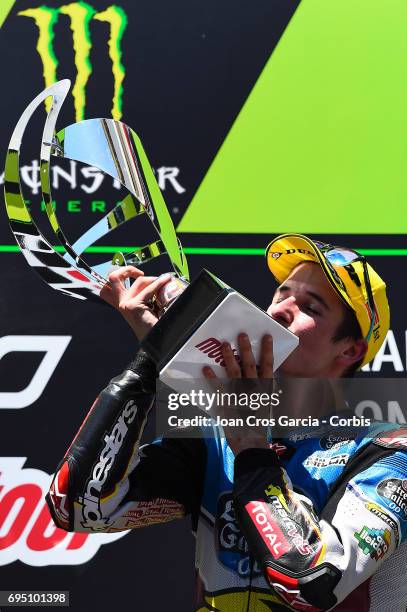 Alex Marquez of EG 0,0 Marc VDS, celebrating his victory during the Moto 2 race, Moto GP of Catalunya at Circuit de Catalunya on June 11, 2017 in...