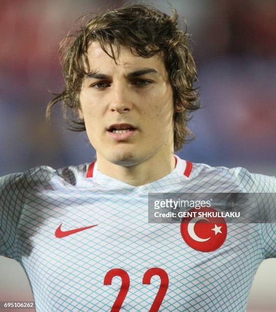 Turkey's Caglar Soyuncu looks on prior the FIFA World Cup 2018 qualification football match between Kosovo and Turkey in Loro Borici stadium in the...