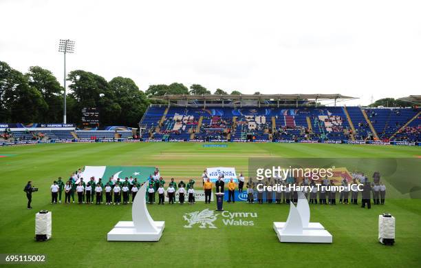 Both sides line up for the national anthems during the ICC Champions Trophy match between Sri Lanka and Pakistan at SWALEC Stadium on June 12, 2017...