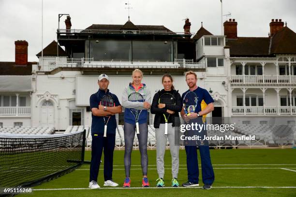 Jonathan Trott, Jocelyn Rae, Johanna Konta and Paul Collingwood pose for a photo during a Tennis Meets Cricket Event during the Aegon Open Nottingham...