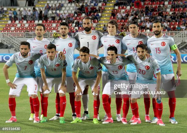 Turkey's National football team pose prior the FIFA World Cup 2018 qualification football match between Kosovo and Turkey in Loro Borici stadium in...