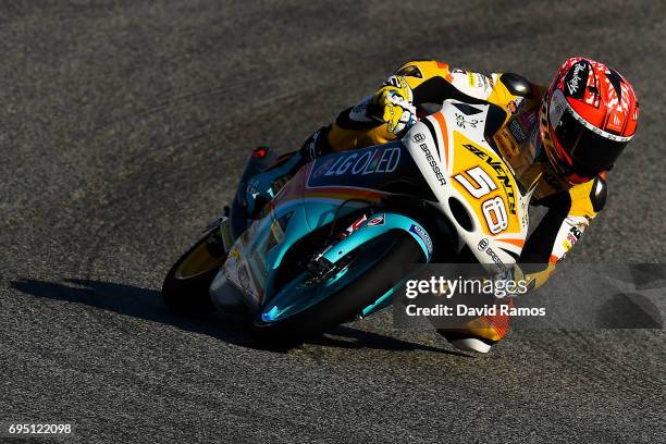 Juanfran Guevara of Spain and RBA BOE Racing Team rides during the Moto3 warm-up ahead of the Moto3 race at Circuit de Catalunya on June 11, 2017 in...