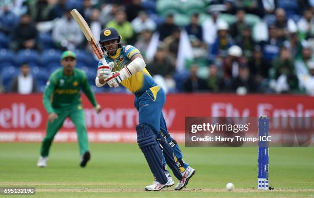 Kusal Mendis of Sri Lanka bats during the ICC Champions Trophy match between Sri Lanka and Pakistan at SWALEC Stadium on June 12, 2017 in Cardiff,...