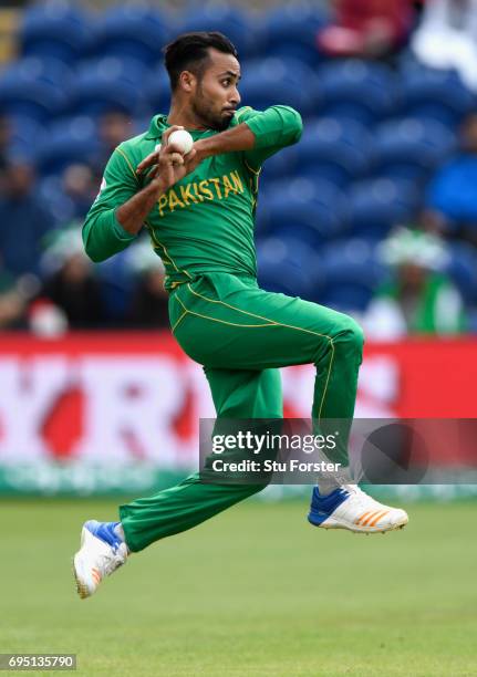 Pakistan bowler Fahim Ashraf in action during the ICC Champions League match between Sri Lanka and Pakistan at SWALEC Stadium on June 12, 2017 in...