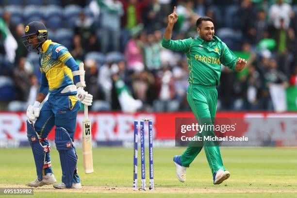 Fahim Ashraf of Pakistan celebrates bowling Dinesh Chandimal of Sri Lanka during the ICC Champions Trophy match between Sri Lanka and Pakistan at the...