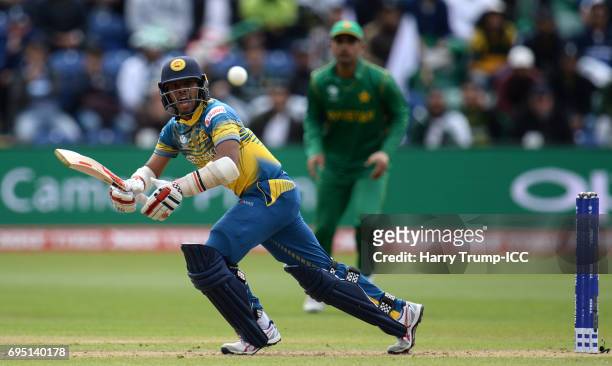 Kusal Mendis of Sri Lanka bats during the ICC Champions Trophy match between Sri Lanka and Pakistan at SWALEC Stadium on June 12, 2017 in Cardiff,...