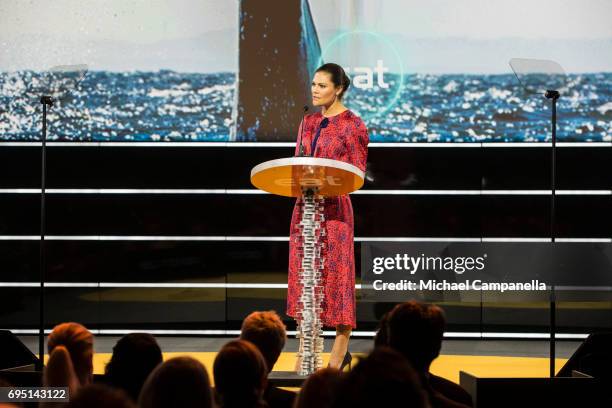 Princess Victoria of Sweden gives a speech at the EAT Stockholm Food Forum at the Clarion Hotel Sign on June 12, 2017 in Stockholm, Sweden.