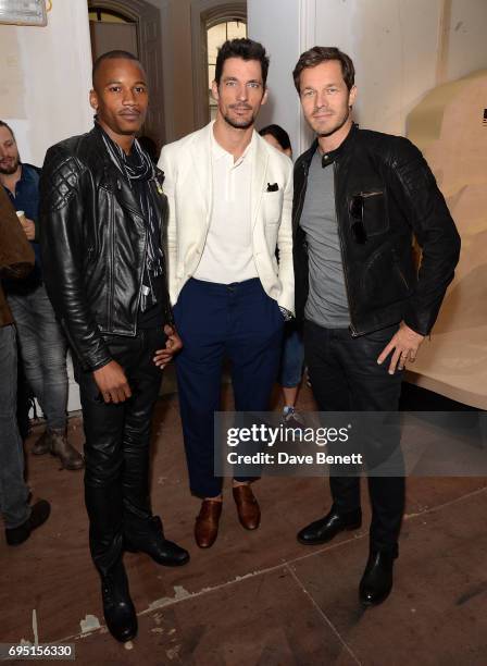 Eric Underwood, David Gandy and Paul Sculfor attend the Belstaff Presentation during the London Fashion Week Men's June 2017 collections on June 12,...