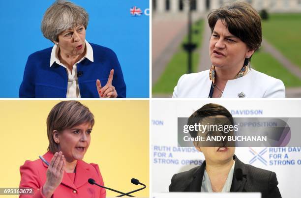 This combination image shows British Prime Minister Theresa May, Democratic Unionist Party leader Arlene Foster, First Minister of Scotland and...