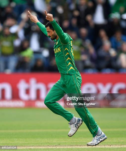 Pakistan bowler Junaid Khan celebrates after dismissing Perera during the ICC Champions League match between Sri Lanka and Pakistan at SWALEC Stadium...