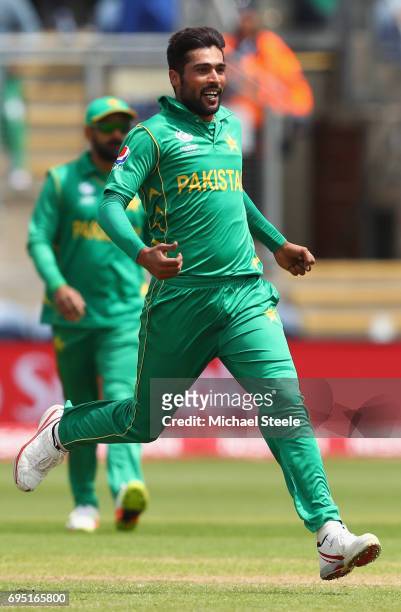 Mohammad Amir of Pakistan celebrates taking the wicket of Niroshan Dickwella of Sri Lanka during the ICC Champions Trophy match between Sri Lanka and...