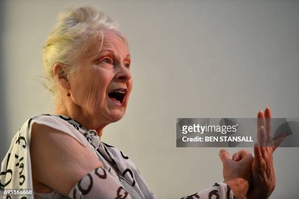 British designer Vivienne Westwood speaks during an interview ahead of a catwalk show of her latest creations at London Fashion Week Men's June 2017...