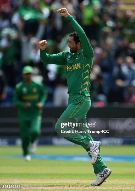 Junaid Khan of Pakistan celebrates after dismissing Dhananjaya de Silva of Sri Lanka during the ICC Champions Trophy match between Sri Lanka and...