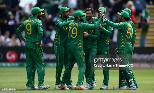 Junaid Khan of Pakistan celebrates after dismissing Dhananjaya de Silva of Sri Lanka during the ICC Champions Trophy match between Sri Lanka and...