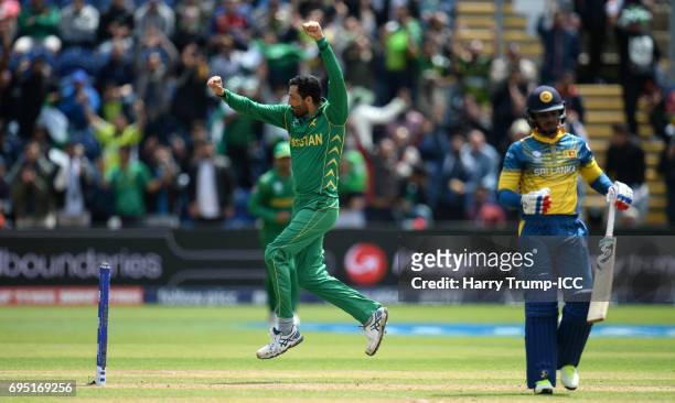 Junaid Khan of Pakistan celebrates after dismissing Dhananjaya de Silva of Sri Lanka during the ICC Champions Trophy match between Sri Lanka and...