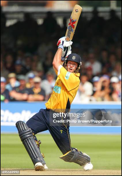 Sean Ervine of Hampshire hits out on his way to a century during the C&G Trophy final between Hampshire and Warwickshire at Lord's Cricket Ground in...