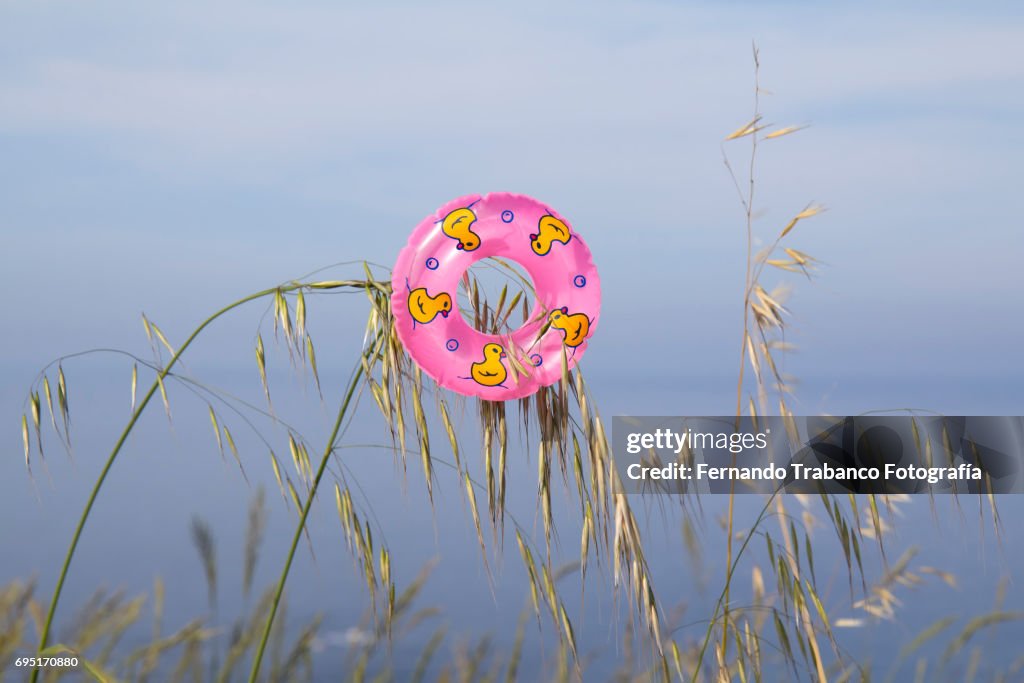 Inflatable ring abandoned on a beach