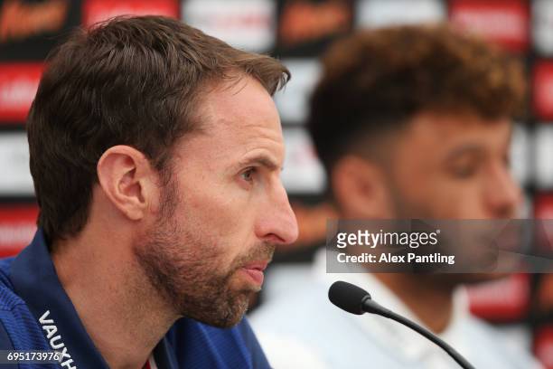 Gareth Southgate the England manager speaks to the media during the England press conference at the Chemin De Ronde Stadium on June 12, 2017 in...