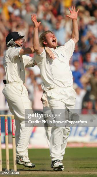 Matthew Hoggard of England celebrates after getting the wicket of Jason Gillespie of Australia on the final day during the 3rd Ashes Test match...