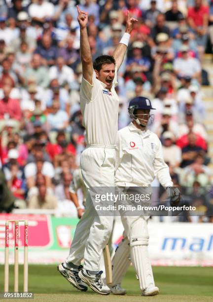 Michael Kasprowicz of Australia celebrates getting Marcus Trescothick of England caught during the 2nd Ashes Test match between England and Australia...