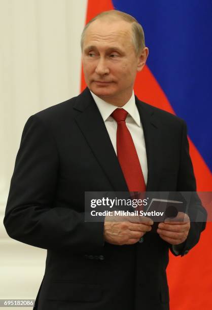 Russian President Vladimir Putin gives a speech during his meeting with children at the Kremlin on June 12, 2017 in Moscow, Russia. Russian President...