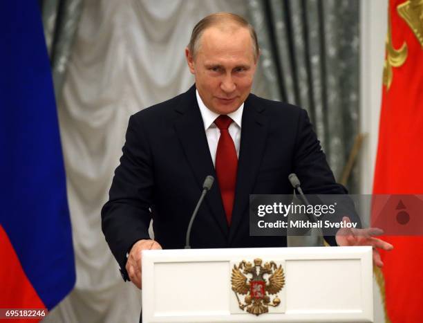 Russian President Vladimir Putin gives a speech during his meeting with children at the Kremlin on June 12, 2017 in Moscow, Russia. Russian President...